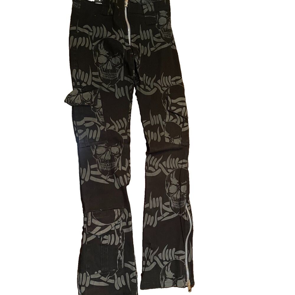 Vtg Y2K Serious Clothing LA Skull Flare Pants XS Mall Goth Punk Grunge Zipper